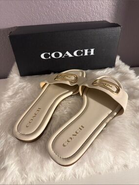 Coach Cream Leather Slide Sandals with Gold Buckle